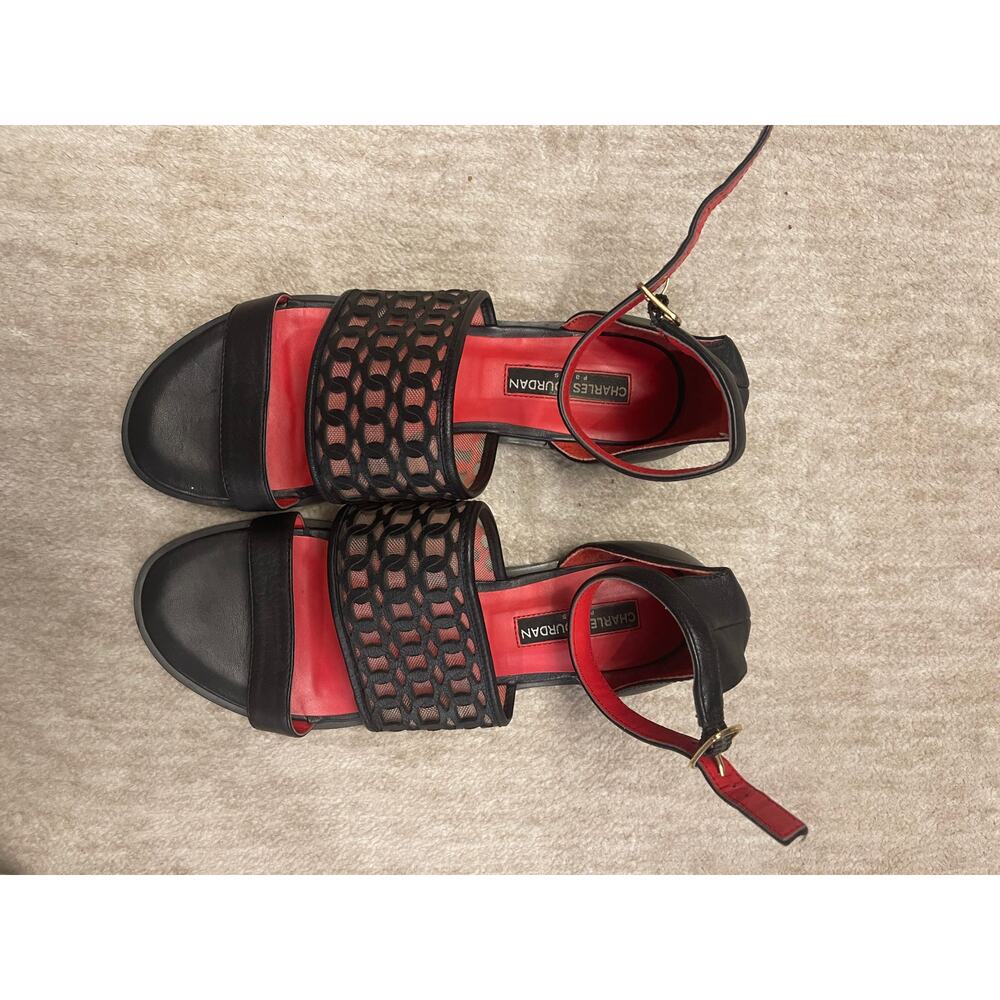 Vintage Charles Jourdan Black Leather and Mesh Sandal Size 7.5